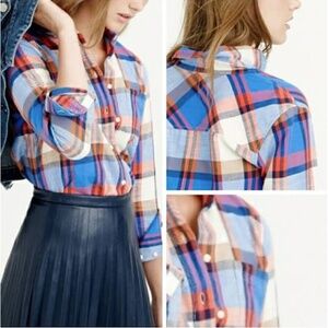 J. CREW Blue and Orange Plaid Button-Up Shirt Perfect Fit S